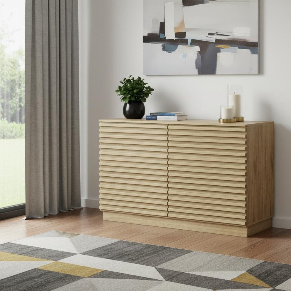 47" Natural And Oak Ribbed Texture Wood Six Drawer Double Dresser