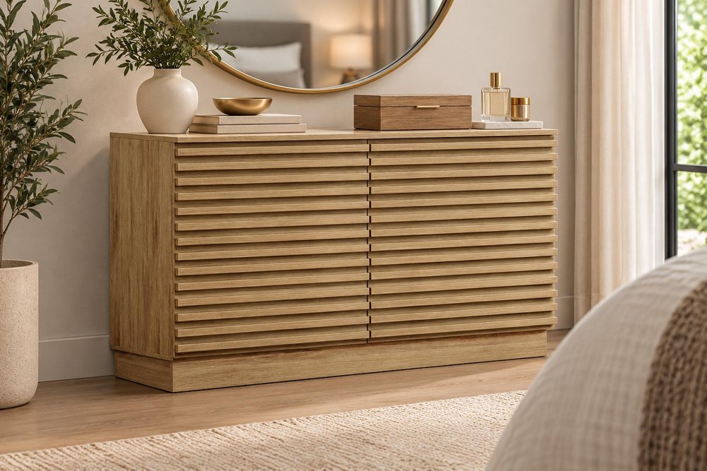47" Natural And Oak Ribbed Texture Wood Six Drawer Double Dresser