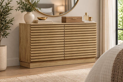 47" Natural And Oak Ribbed Texture Wood Six Drawer Double Dresser