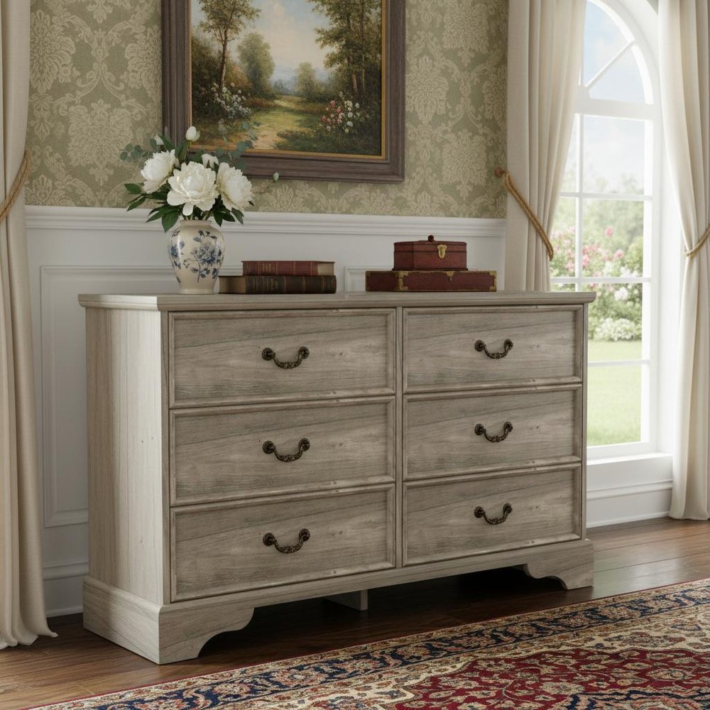 47" Light Gray Carved Geometric Wood Six Drawer Double Dresser HomeRoots