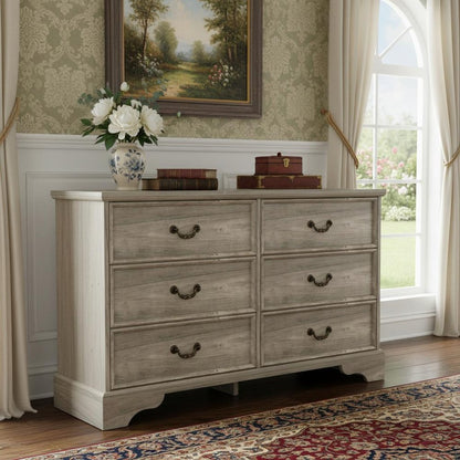 47" Light Gray Carved Geometric Wood Six Drawer Double Dresser HomeRoots