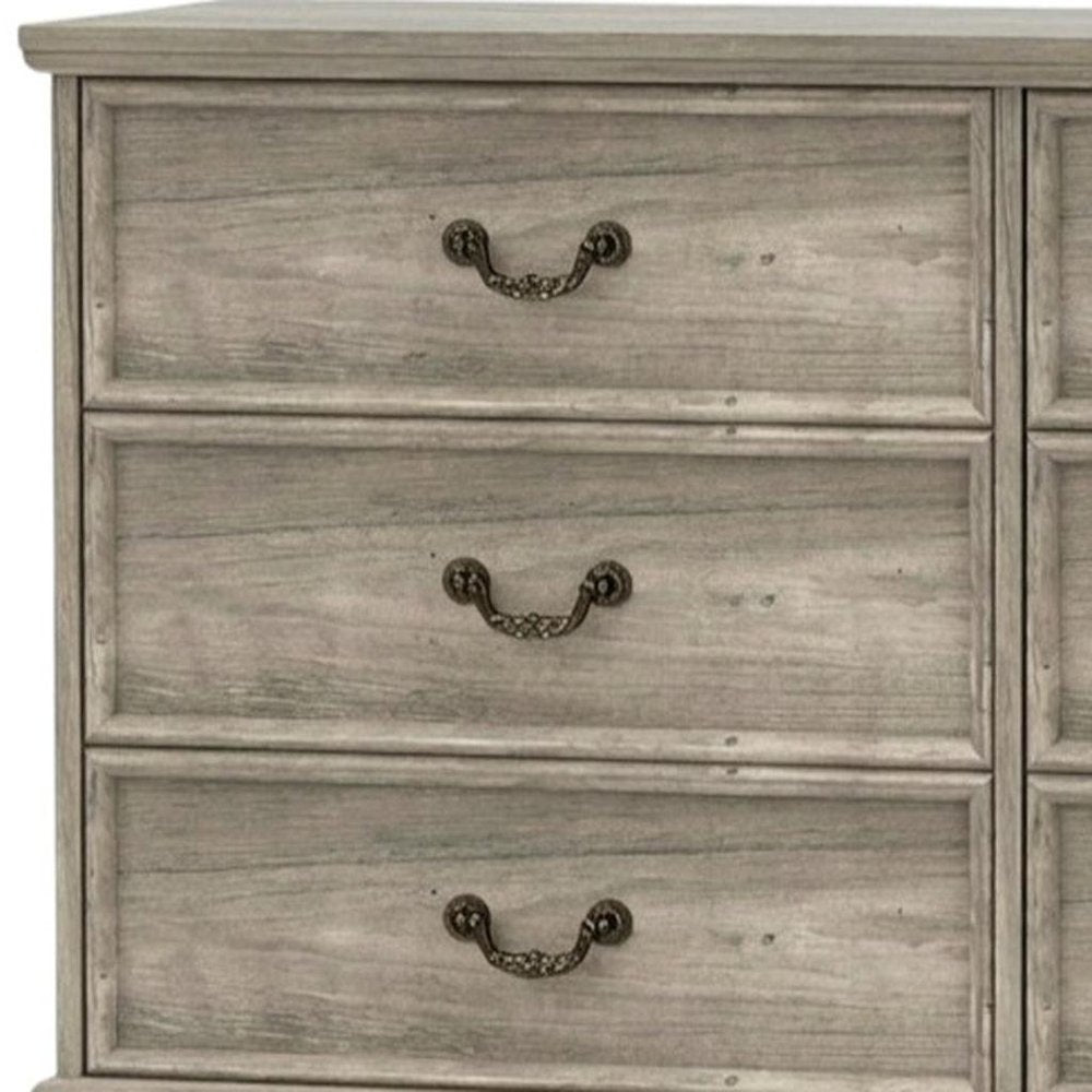 47" Light Gray Carved Geometric Wood Six Drawer Double Dresser HomeRoots