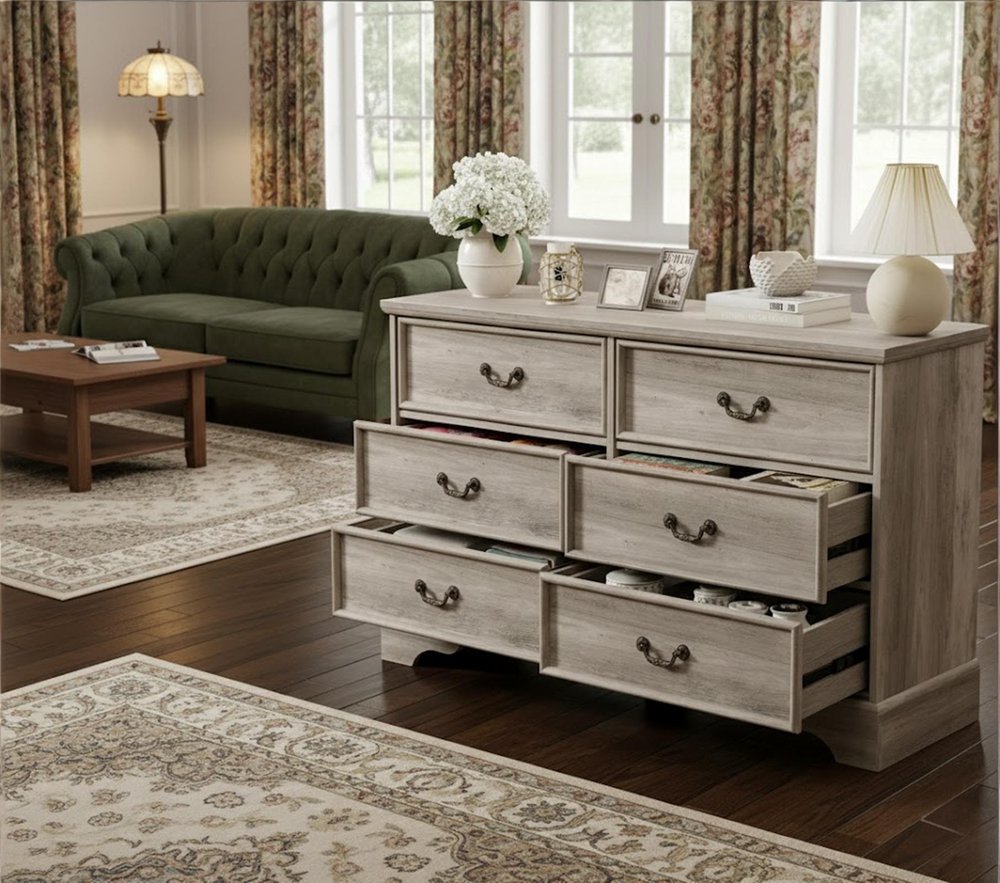 47" Light Gray Solid Wood Console Accent Cabinet With Six Drawers HomeRoots