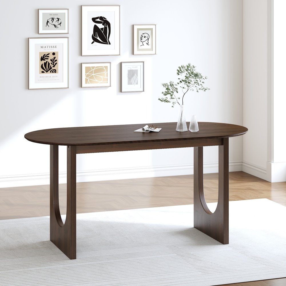 67" Walnut Solid Wood Double Pedestal Base Oval Dining Table HomeRoots