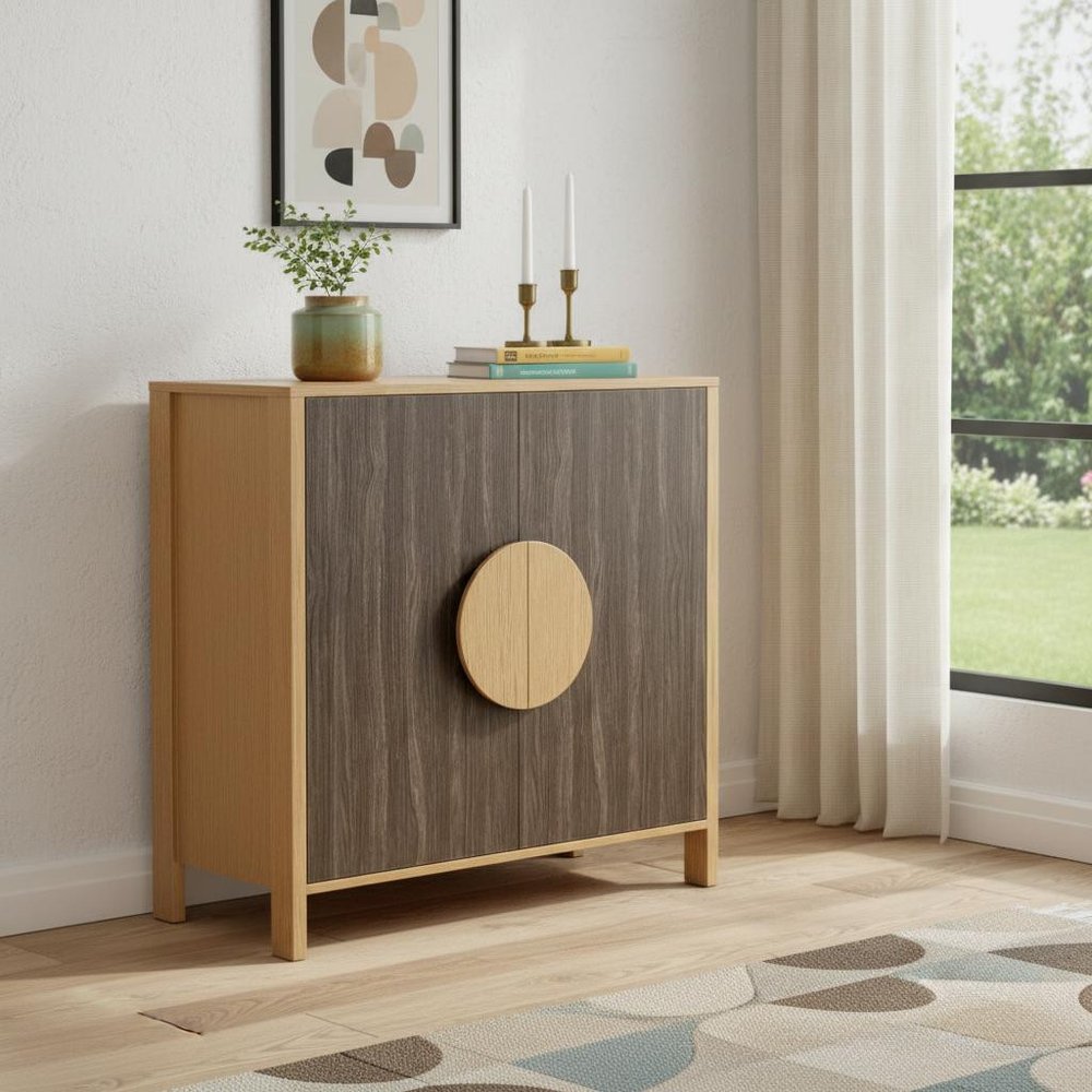 31" Natural and Sepia Solid Wood Console Accent Cabinet With Two Doors HomeRoots