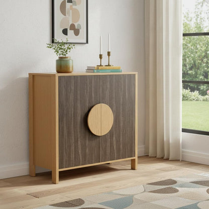 31" Natural and Sepia Solid Wood Console Accent Cabinet With Two Doors HomeRoots