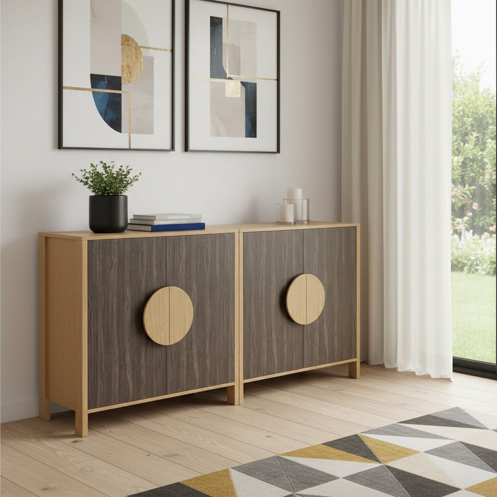 Set Of Two Sepia Solid Wood Console Accent Cabinet With Two Doors HomeRoots