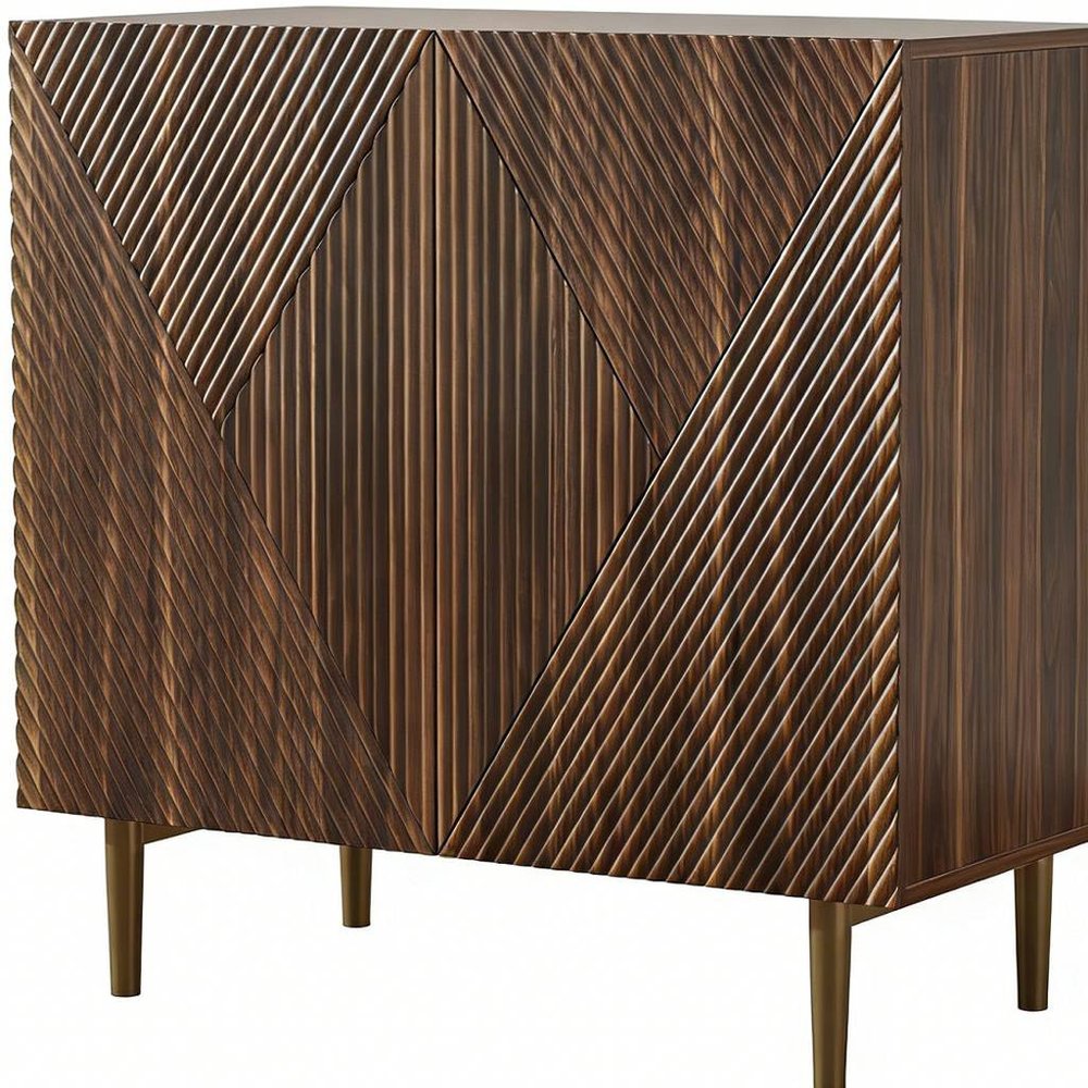 32" Brown Wood Carved Geometric Sideboard With Two Doors — view 2