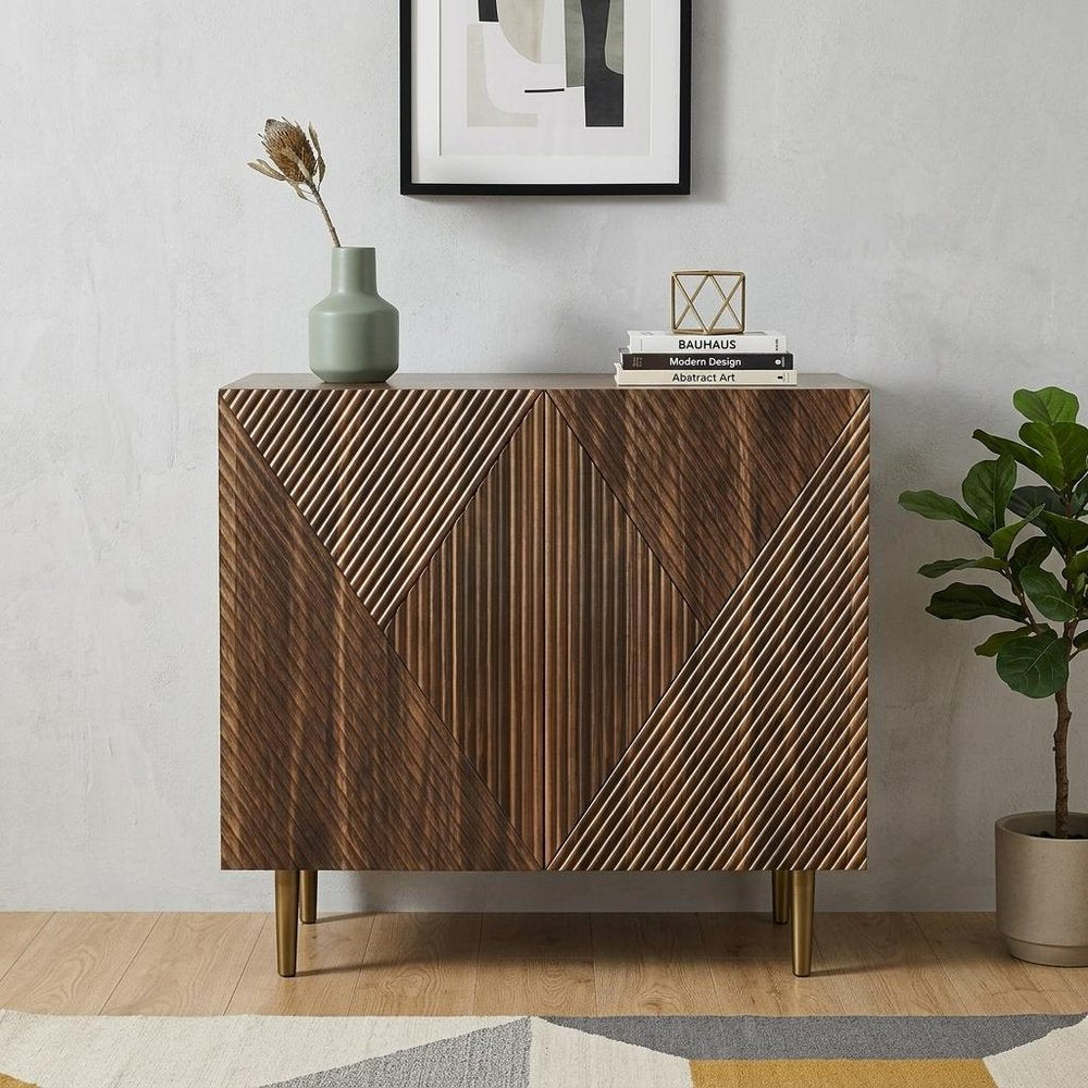 32" Brown Wood Carved Geometric Sideboard With Two Doors — view 4