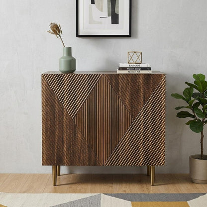 32" Brown Wood Carved Geometric Sideboard With Two Doors