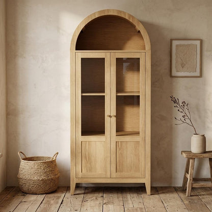 71" Natural Arched Accent Cabinet With Two Glass Panel Doors HomeRoots