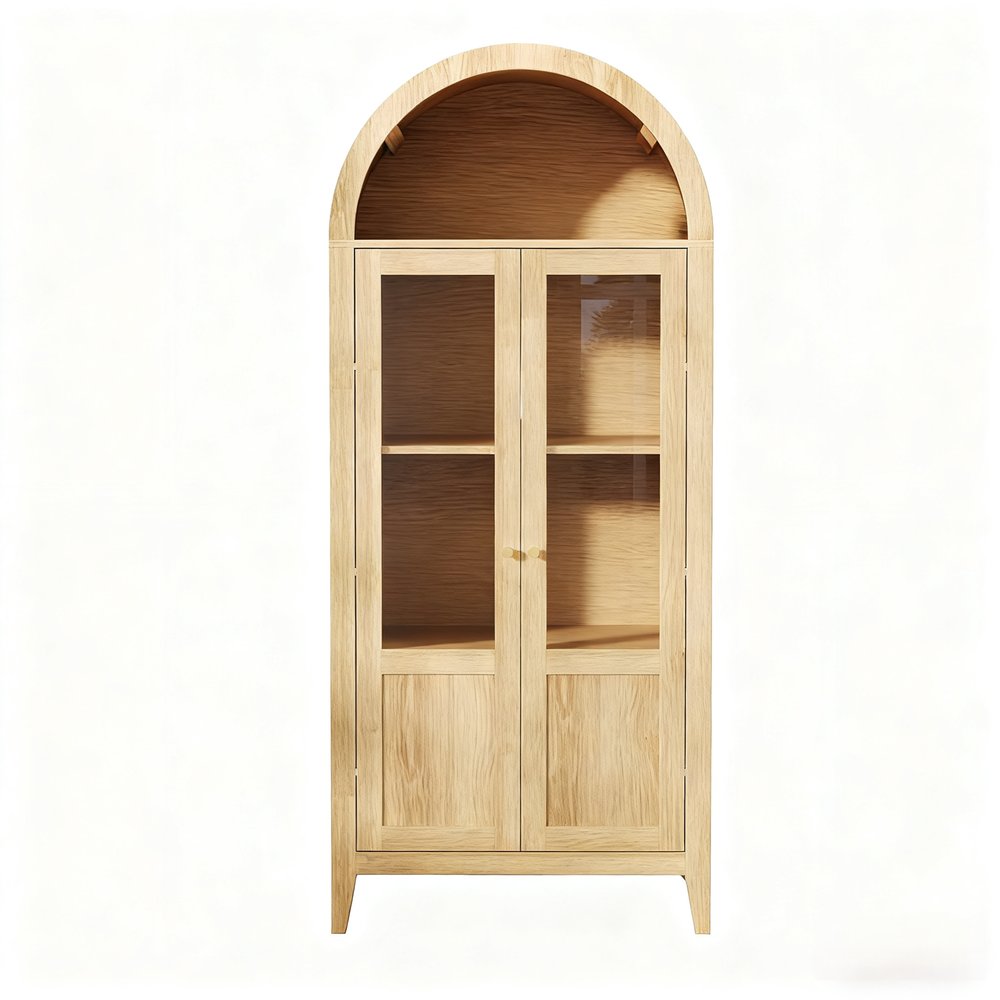 71" Natural Arched Accent Cabinet With Two Glass Panel Doors HomeRoots