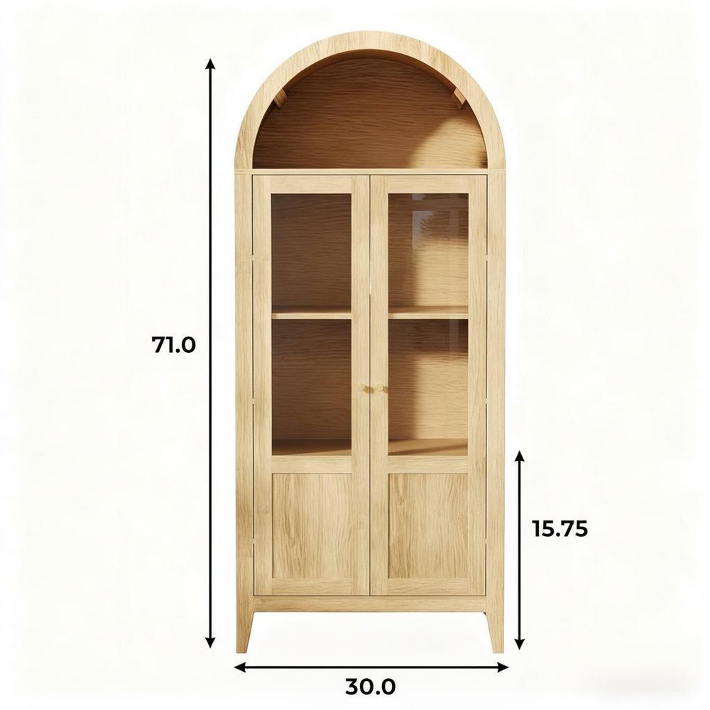71" Natural Arched Accent Cabinet With Two Glass Panel Doors HomeRoots