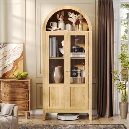 71" Natural Arched Accent Cabinet With Two Glass Panel Doors HomeRoots