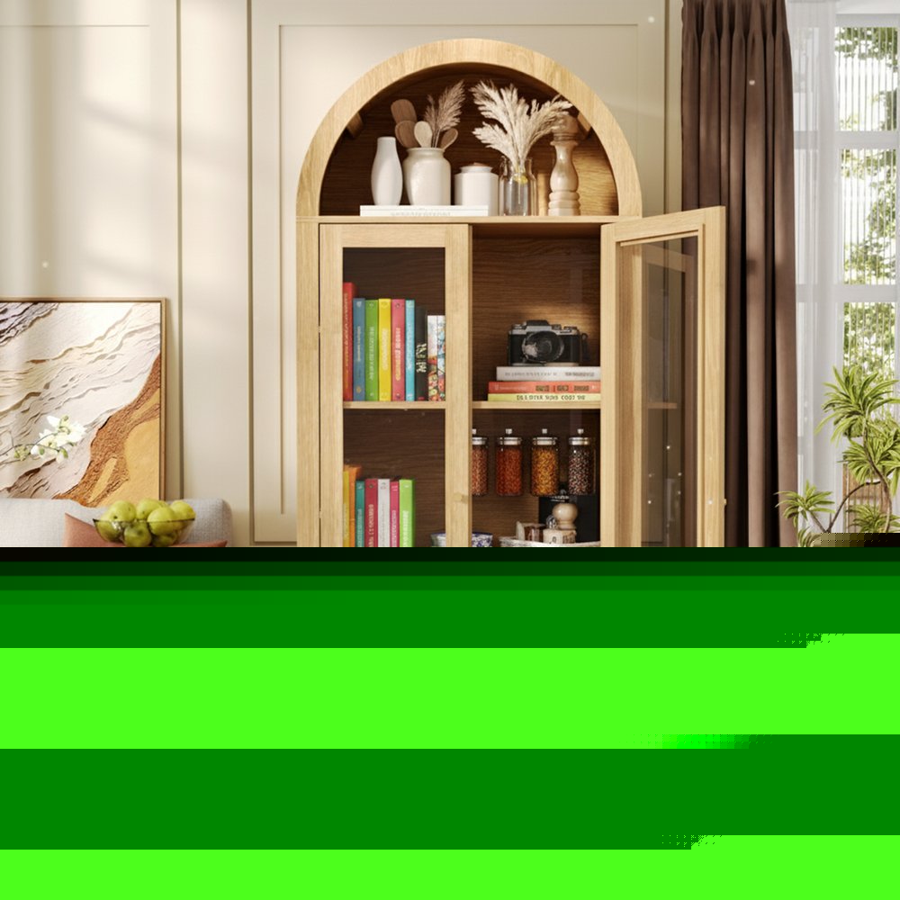71" Natural Arched Accent Cabinet With Two Glass Panel Doors HomeRoots