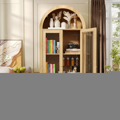 71" Natural Arched Accent Cabinet With Two Glass Panel Doors HomeRoots