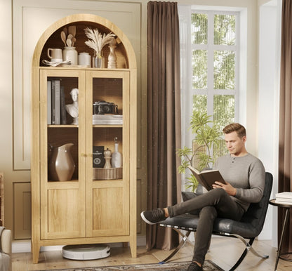 71" Natural Arched Accent Cabinet With Two Glass Panel Doors HomeRoots