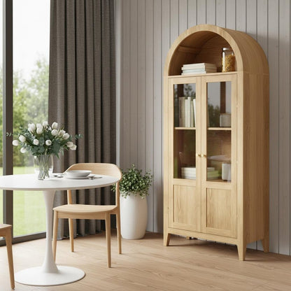 71" Natural Arched Accent Cabinet With Two Glass Panel Doors HomeRoots