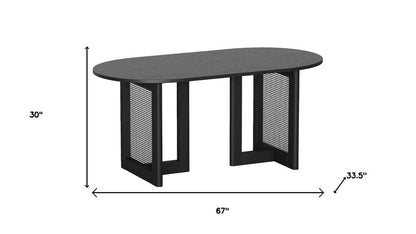 67" Black Wood And Rattan Double Pedestal Base Oval Dining Table HomeRoots