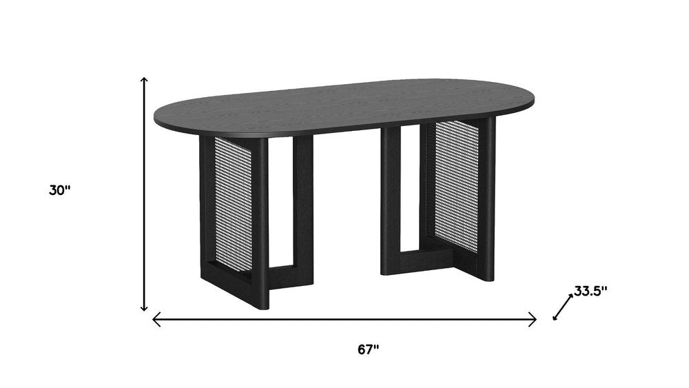 67" Black Wood And Rattan Double Pedestal Base Oval Dining Table — view 6