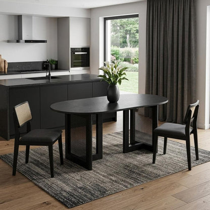 67" Black Wood And Rattan Double Pedestal Base Oval Dining Table
