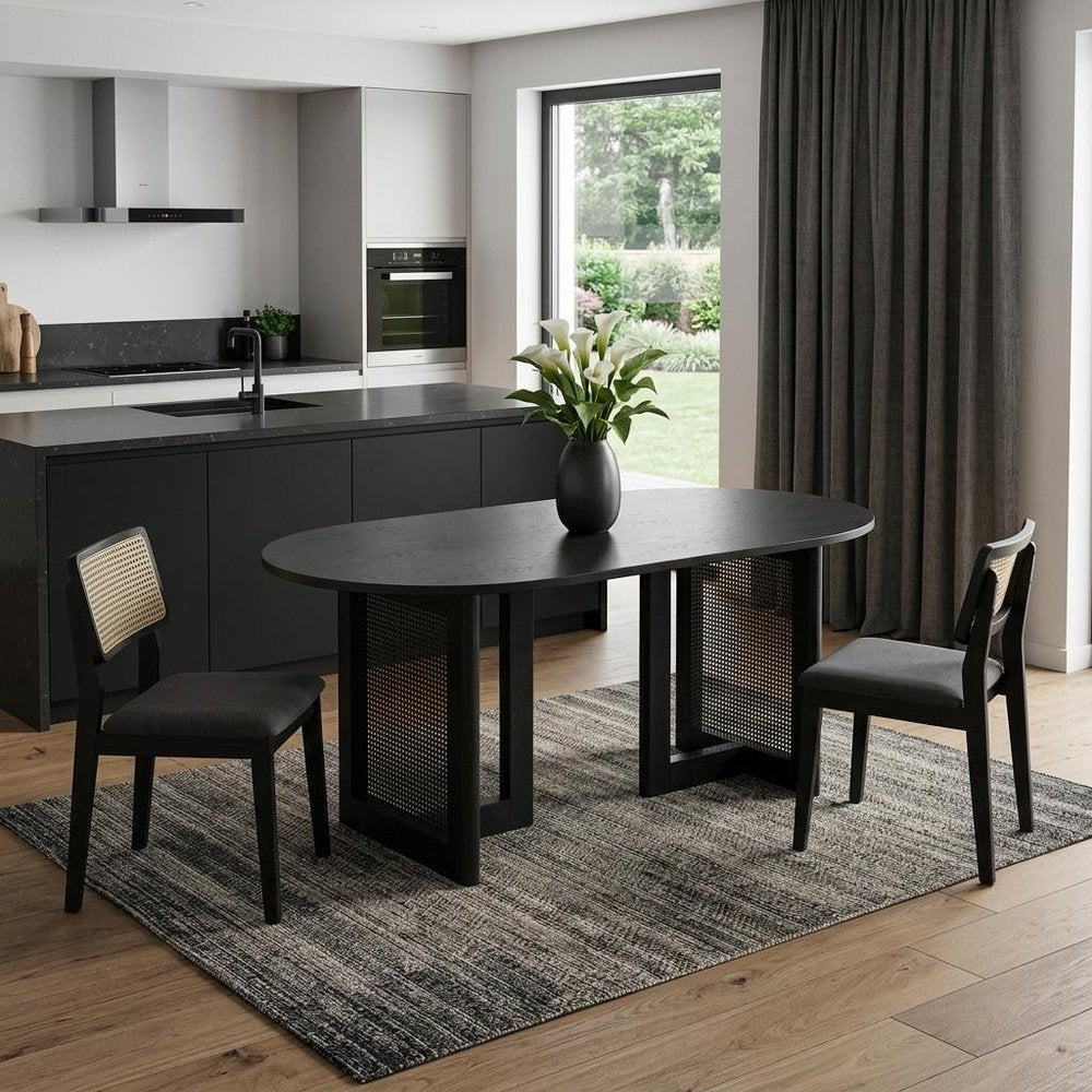 67" Black Wood And Rattan Double Pedestal Base Oval Dining Table HomeRoots