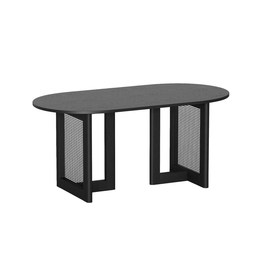 67" Black Wood And Rattan Double Pedestal Base Oval Dining Table — view 2