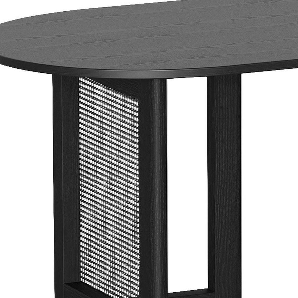67" Black Wood And Rattan Double Pedestal Base Oval Dining Table — view 4