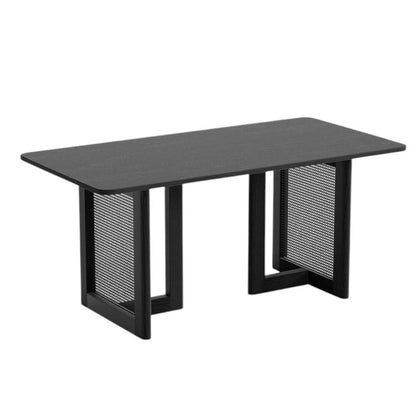 67" Black Solid Wood And Rattan Double Pedestal Base Dining Table HomeRoots