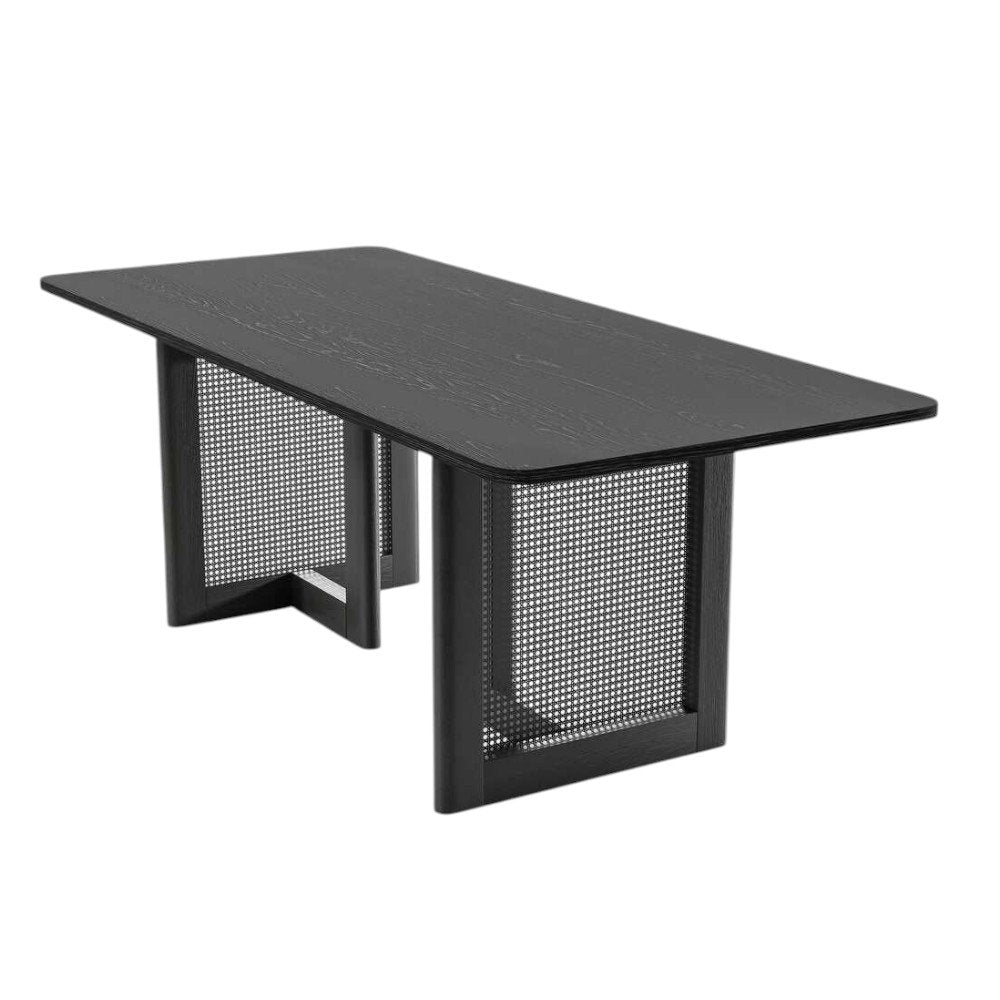 67" Black Solid Wood And Rattan Double Pedestal Base Dining Table HomeRoots