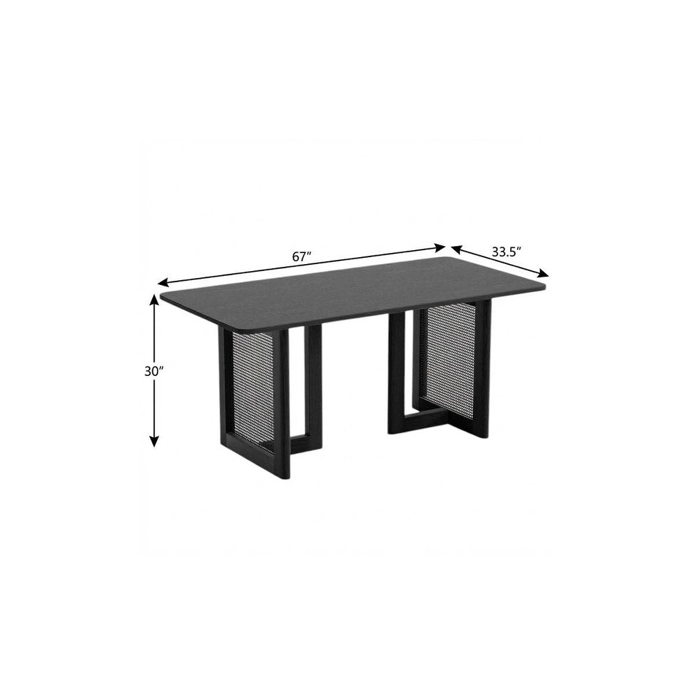 67" Black Solid Wood And Rattan Double Pedestal Base Dining Table HomeRoots