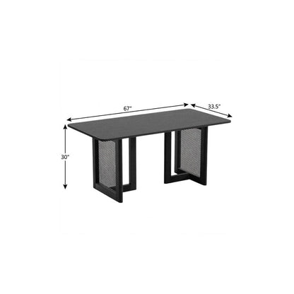 67" Black Solid Wood And Rattan Double Pedestal Base Dining Table HomeRoots