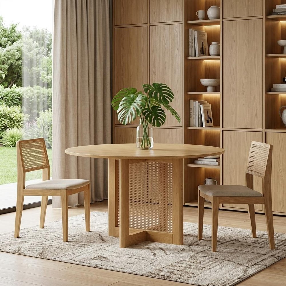 52" Natural Wood And Rattan Pedestal Base Round Top Dining Table HomeRoots