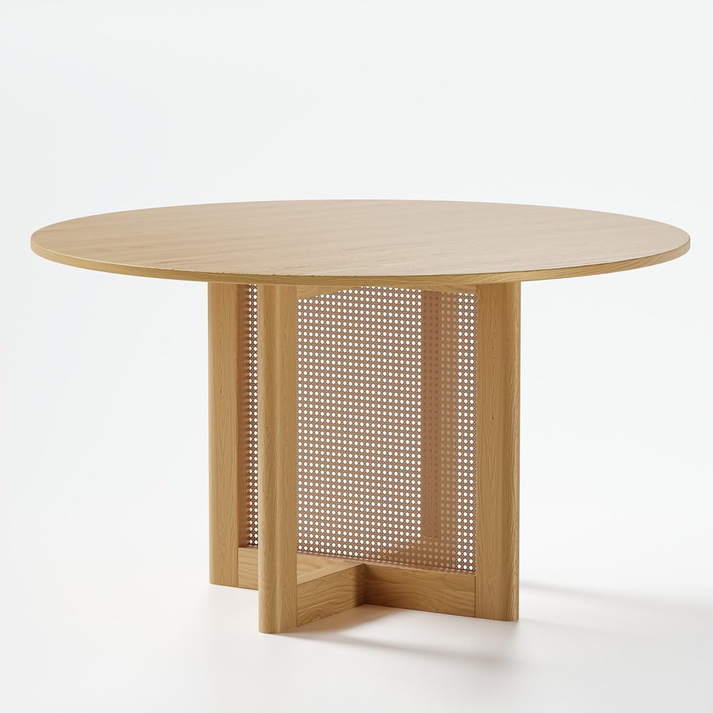 52" Natural Wood And Rattan Pedestal Base Round Top Dining Table — view 2