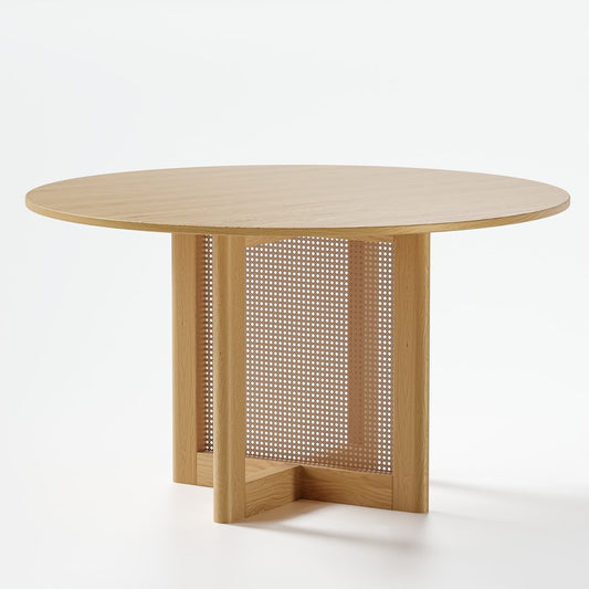 52" Natural Wood And Rattan Pedestal Base Round Top Dining Table