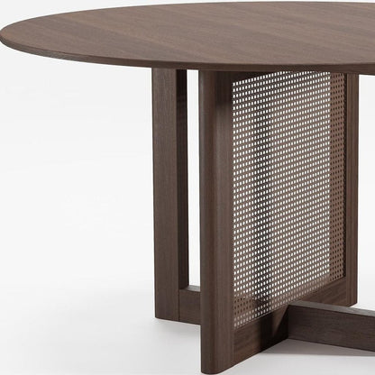 52" Natural Wood And Rattan Pedestal Base Round Top Dining Table