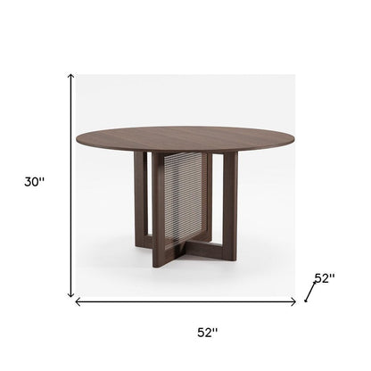 52" Natural Wood And Rattan Pedestal Base Round Top Dining Table