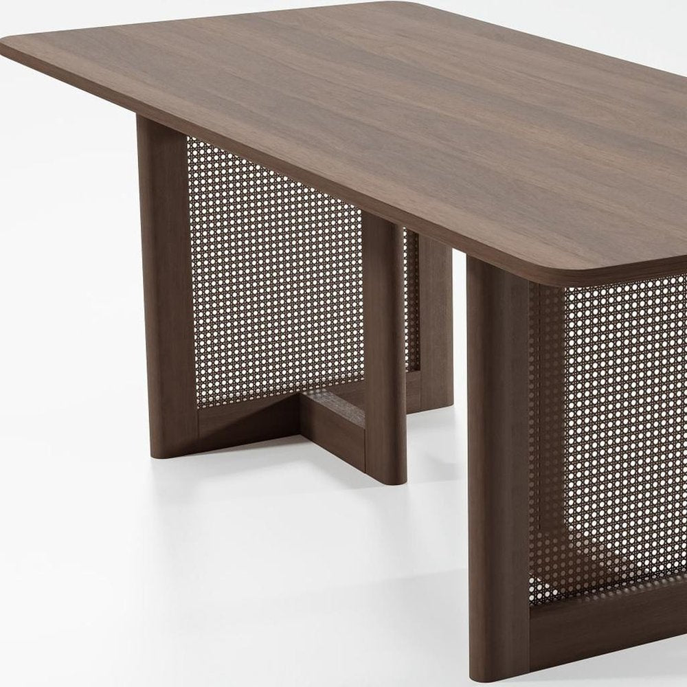 79" Walnut Solid Wood And Rattan Double Pedestal Base Dining Table HomeRoots
