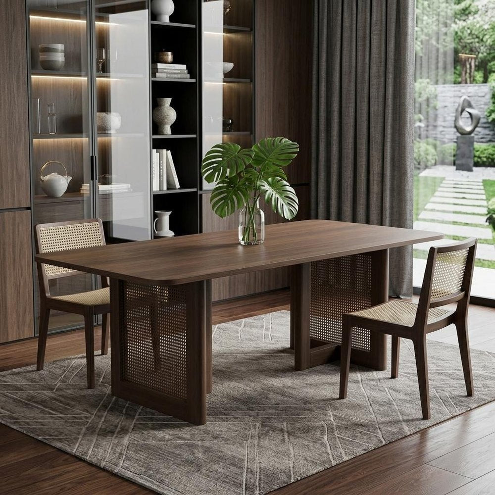 79" Walnut Solid Wood And Rattan Double Pedestal Base Dining Table — view 1