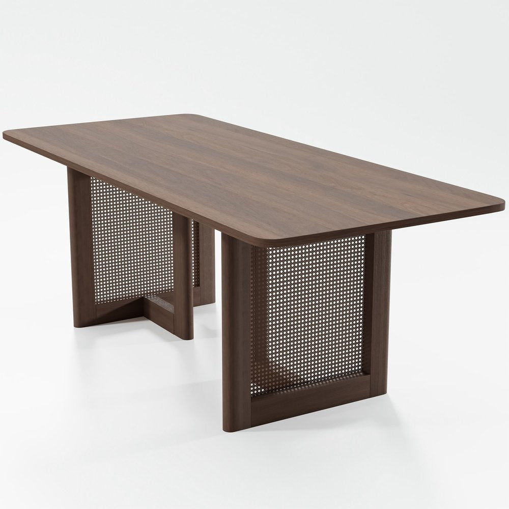 79" Walnut Solid Wood And Rattan Double Pedestal Base Dining Table HomeRoots