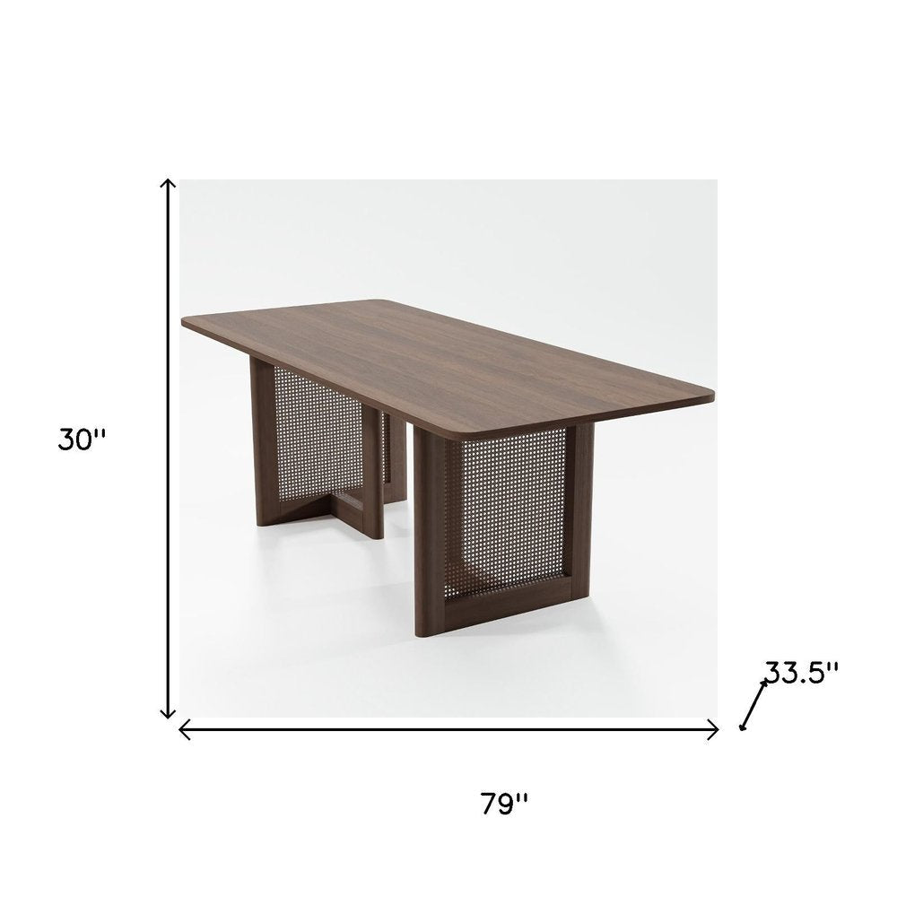 79" Walnut Solid Wood And Rattan Double Pedestal Base Dining Table HomeRoots