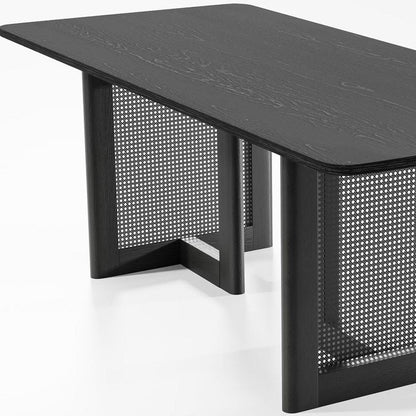 79" Black Solid Wood And Rattan Double Pedestal Base Dining Table
