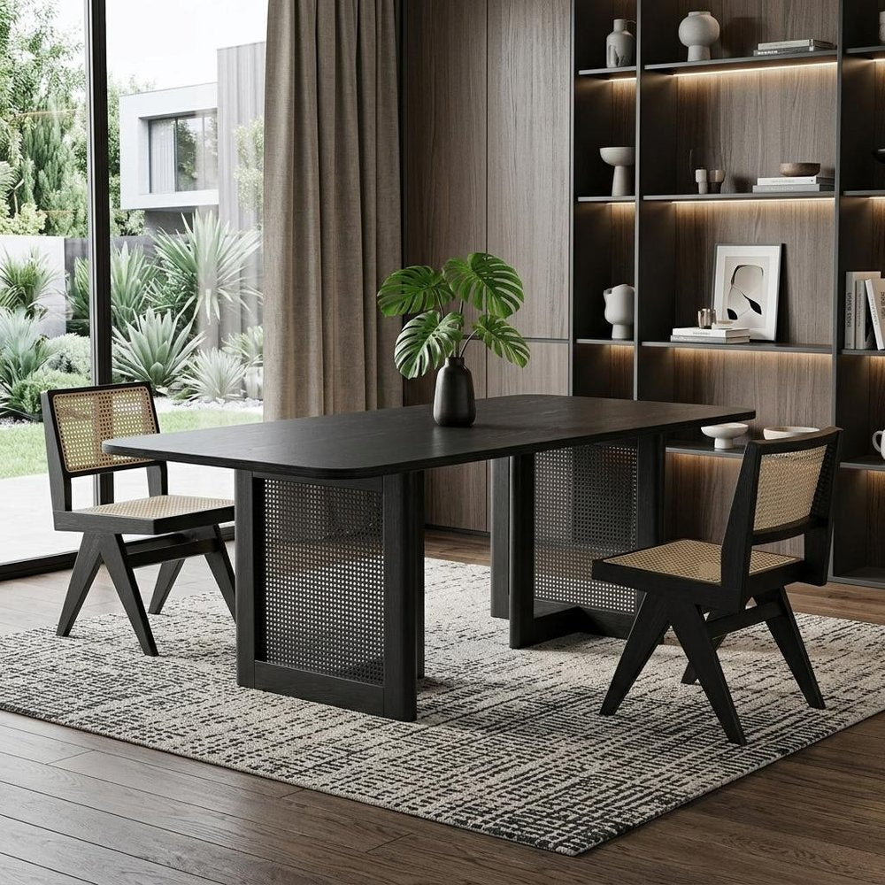 79" Black Solid Wood And Rattan Double Pedestal Base Dining Table HomeRoots
