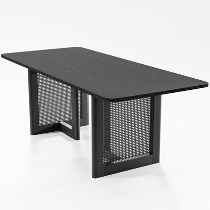 79" Black Solid Wood And Rattan Double Pedestal Base Dining Table HomeRoots