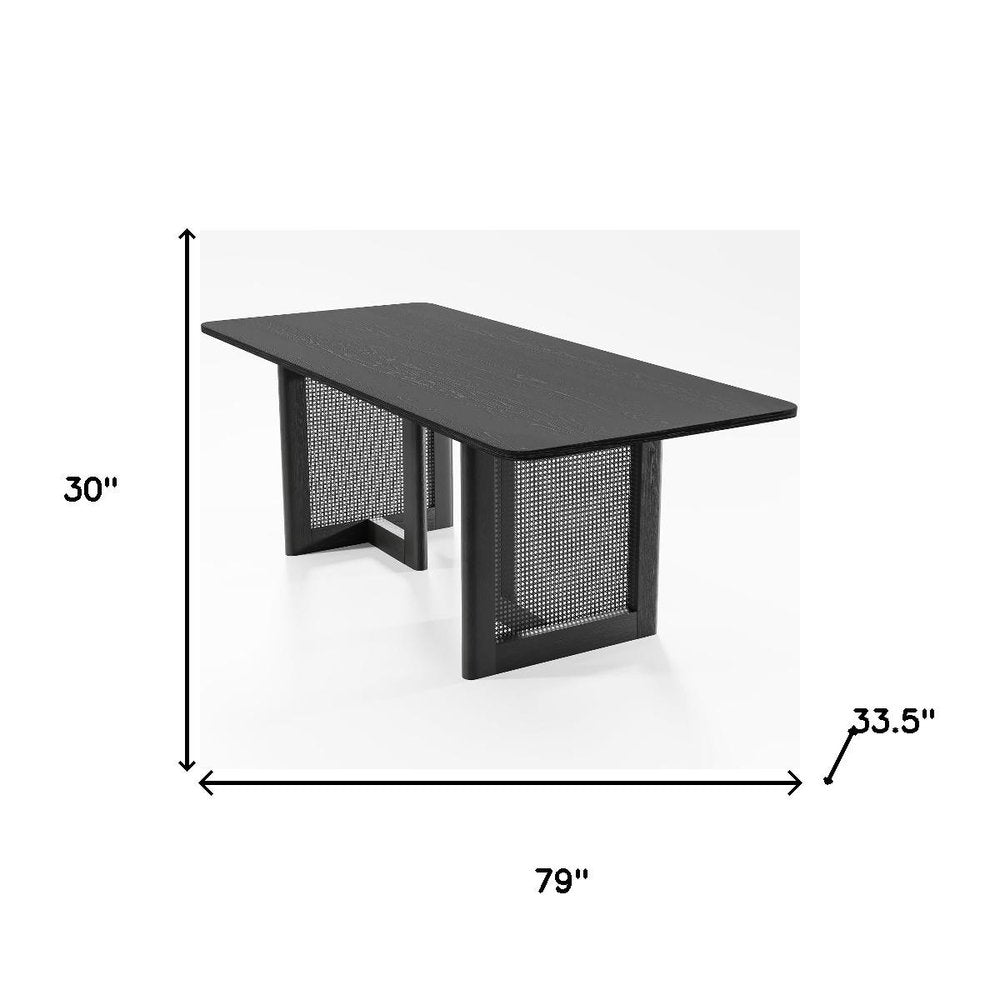 79" Black Solid Wood And Rattan Double Pedestal Base Dining Table — view 4