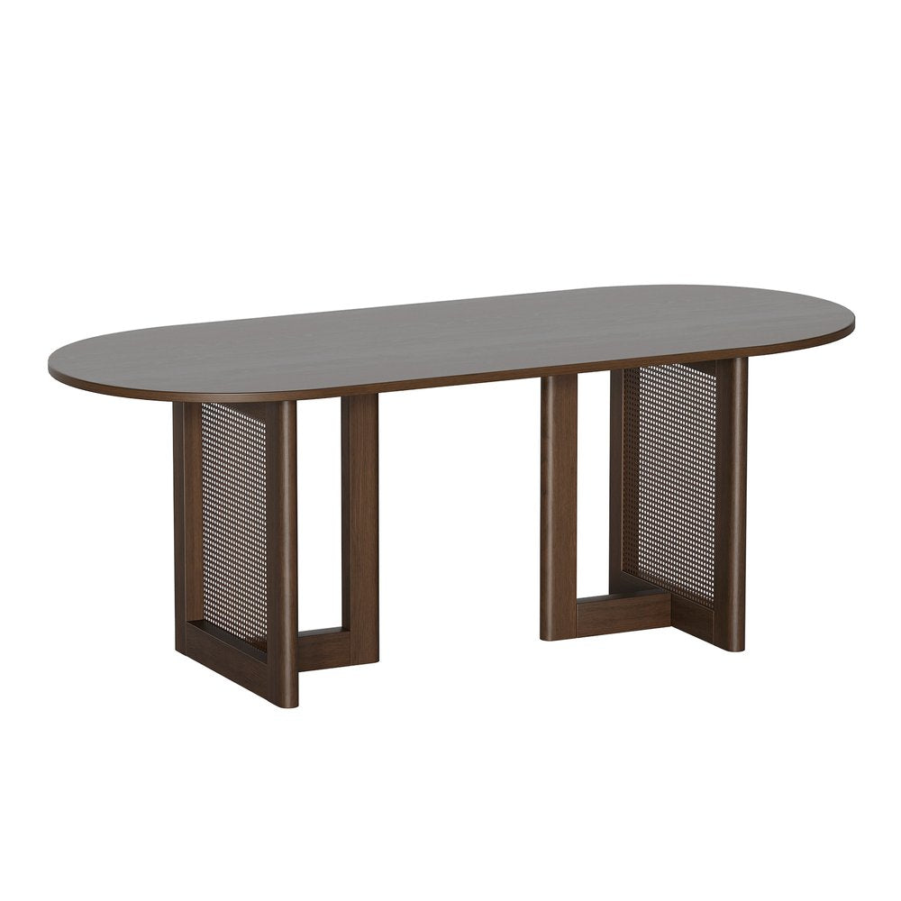 80" Brown Wood And Rattan Double Pedestal Base Oval Dining Table — view 2