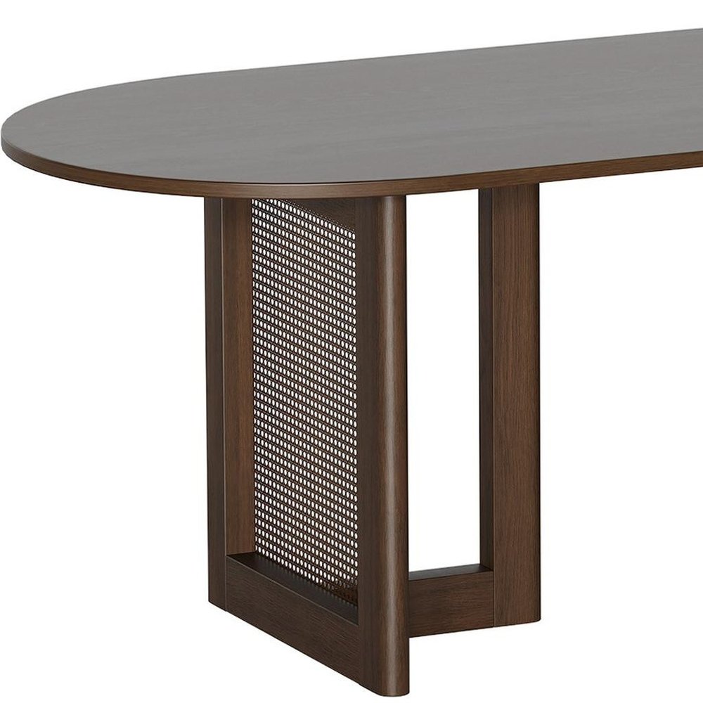 80" Brown Wood And Rattan Double Pedestal Base Oval Dining Table HomeRoots