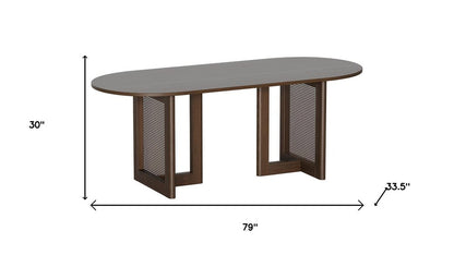 80" Brown Wood And Rattan Double Pedestal Base Oval Dining Table