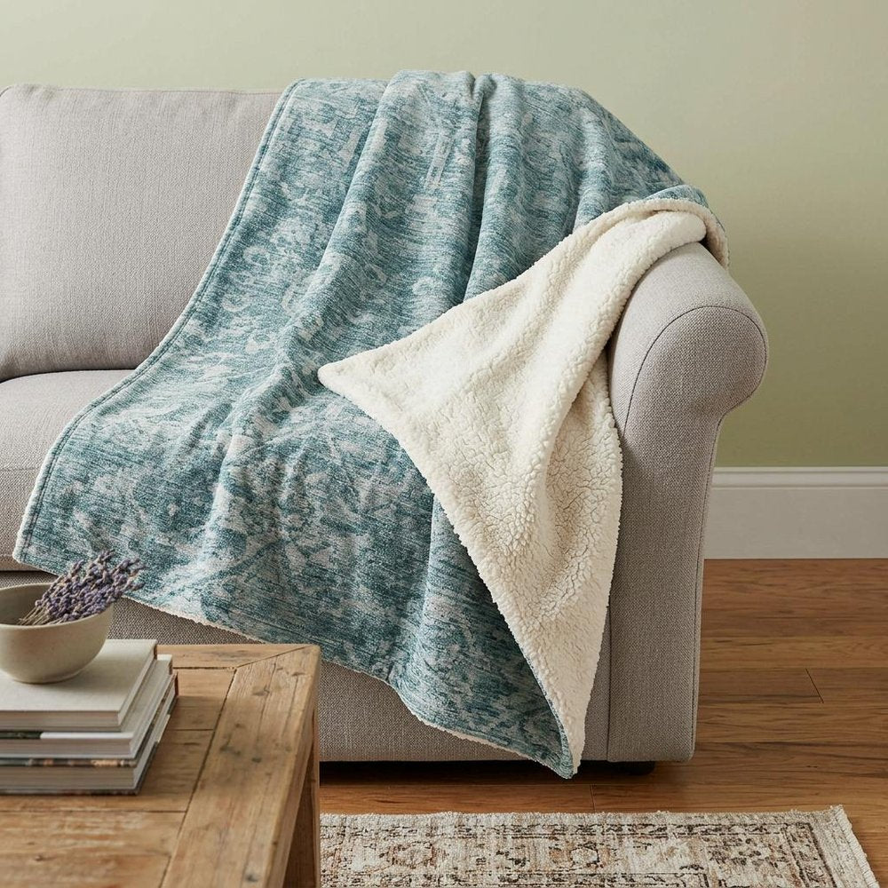 50" X 70" Blue And Ivory Damask Plush Throw Blanket HomeRoots