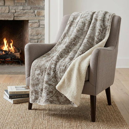 50" X 70" Taupe And Beige Damask Polyester Woven Plush Throw Blanket HomeRoots